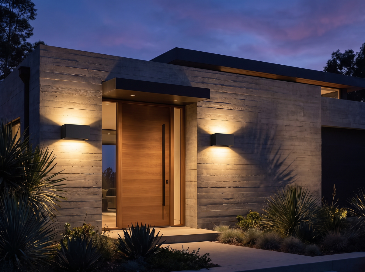 At the front door, dusk