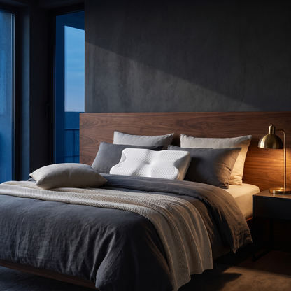 At the head of the bed