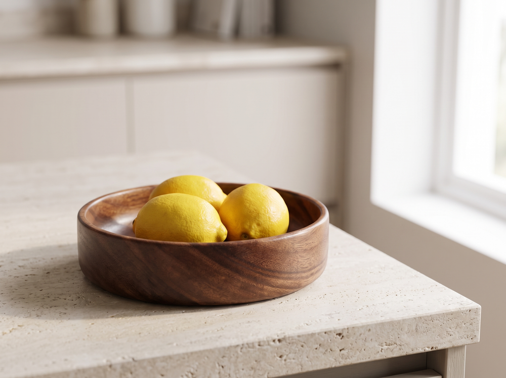 Round walnut bowl with lemons