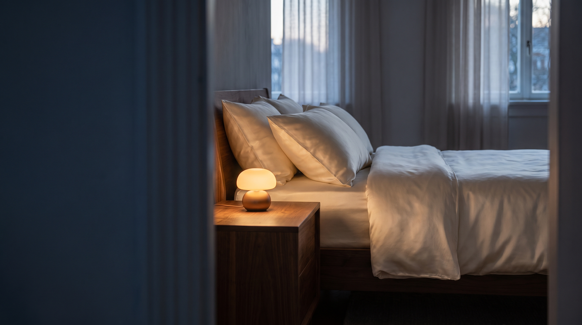 Styled bedroom at dusk, silk bedding and walnut nightstand