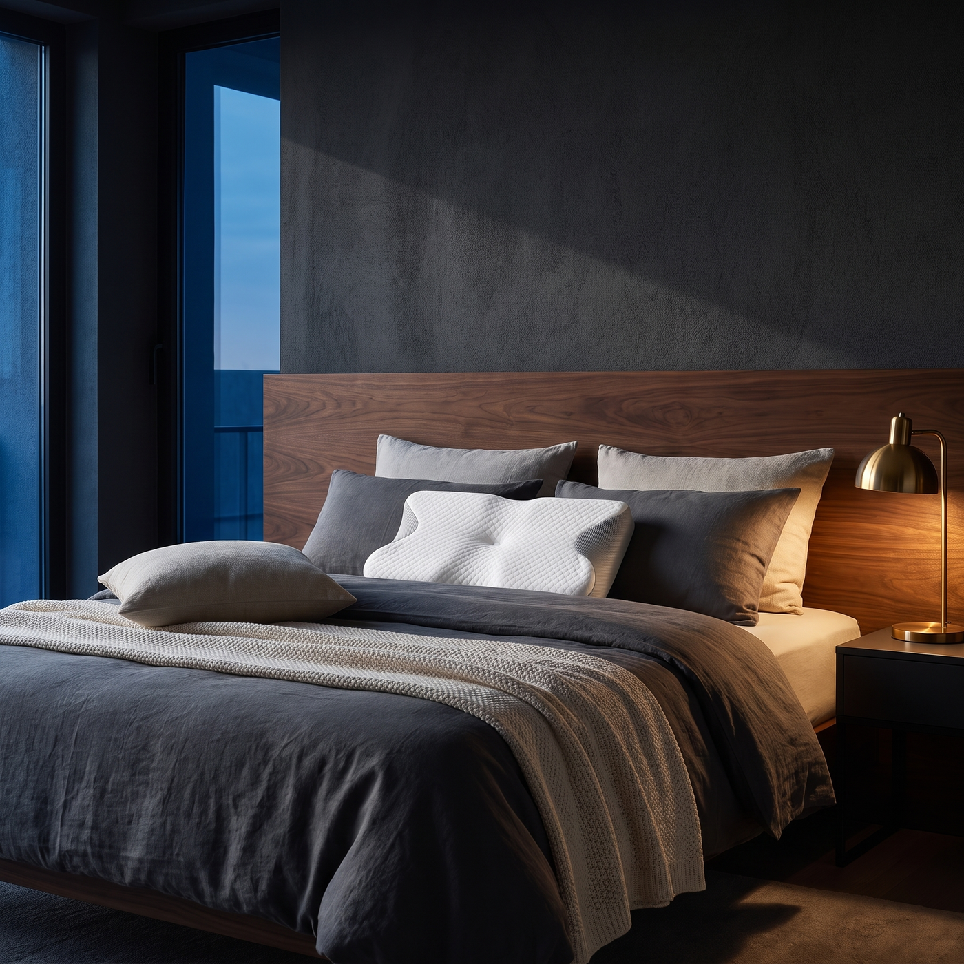 Memory foam pillow in dark bedroom