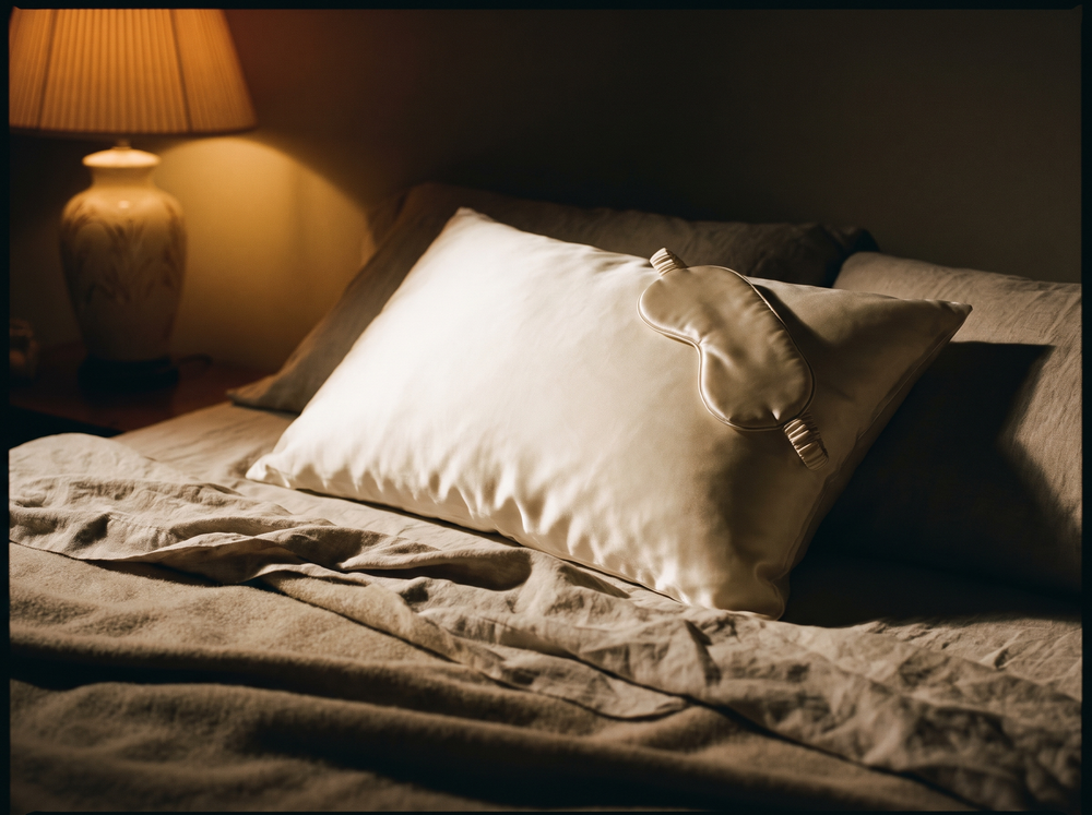 Silk pillowcase and sleep mask on bed at night, lamp light